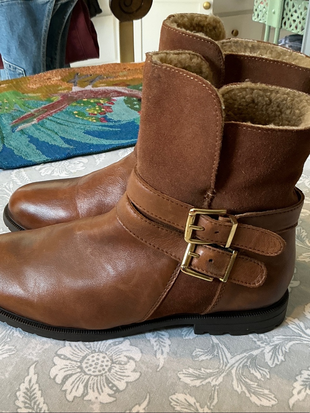 Diba Chestnut Brown Faux Leather & Suede Shearling Buckle Boots